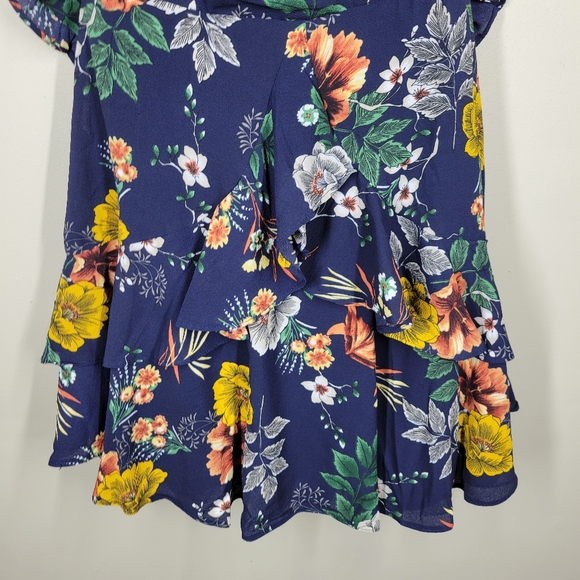 Showpo Navy Blue Floral Strapless Mini Dress Tie Back Ruffle 2 - Picture 3 of 12